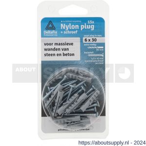 Deltafix nylon plug met spaanplaatschroef grijs 6x30 mm blister 15 stuks - S21901184 - afbeelding 1