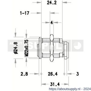 Evva plaatmontagecilinder voor glasdeur 3KS diameter 24,8 mm keersleutel plan messing vernikkeld - S22102460 - afbeelding 2