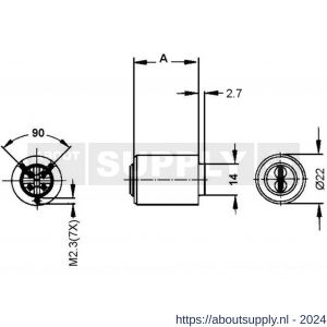 Evva meubelcilinder 32 mm lang 3KS diameter 22 mm keersleutel verschillend sluitend messing vernikkeld - S22100581 - afbeelding 2