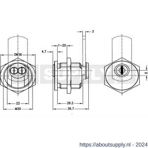 Evva plaatmontagecilinder EPS M30x1,5 mm stiftsleutel conventioneel plan messing vernikkeld - S22102483 - afbeelding 2