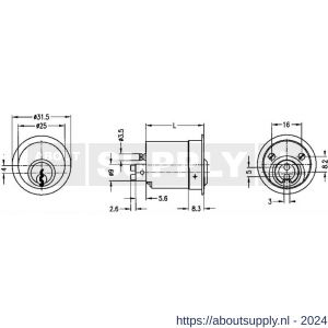 Evva meubelcilinder 26 mm lang TSC diameter 25 mm stiftsleutel conventioneel verschillend sluitend messing vernikkeld - S22100672 - afbeelding 2