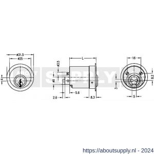 Evva meubelcilinder 36 mm lang TSC diameter 25 mm stiftsleutel conventioneel verschillend sluitend messing vernikkeld - S22100679 - afbeelding 2