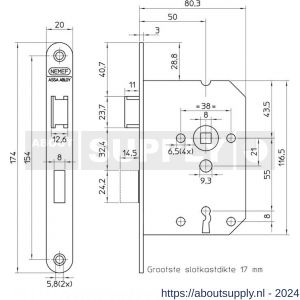 Nemef deurslot klaviersleutel 1266/4-50/1250 DR draairichting 1+3 bulk per 10 - Y19501175 - afbeelding 2
