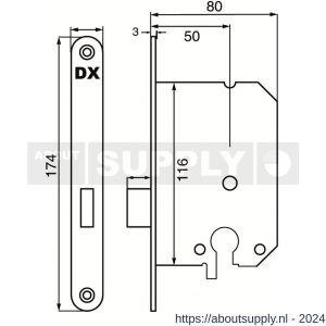 Dulimex DX KS-50-PCSS kastslot doornmaat 50 mm Euro cilinder ronde voorplaat RVS inclusief rechthoekige sluitplaat - S30201986 - afbeelding 2