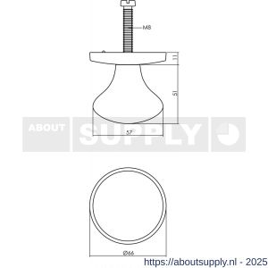 Intersteel Living 3930 voordeurknop Paddenstoel diameter 58 mm op achterplaat diameter 66 mm éénzijdige montage PVD messing getrommeld - S26010935 - afbeelding 2
