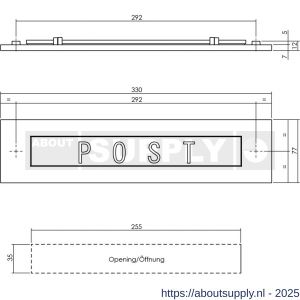 Intersteel Living 4000 briefplaat rechthoekig 330x77 mm met verende klep binnendraaiend met tekst POST messing getrommeld - S26010141 - afbeelding 2