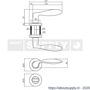 Intersteel 1695 deurkruk George op rozet verdekt diameter 52x10 mm met nokken en WC-sluiting met stift 8x8 mm PVD messingkleur - S26007935 - afbeelding 1