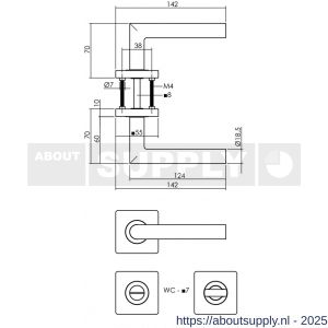 Intersteel 1747 deurkruk Bastian op rozet verdekt 55x55x10 mm met nokken en WC-sluiting met stift 7x7 mm PVD messingkleur - S26010191 - afbeelding 2