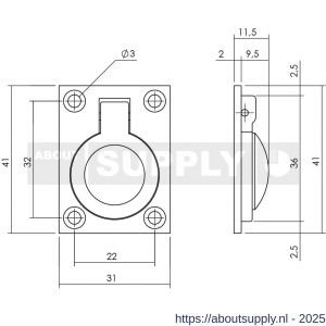 Intersteel Living 7526 luikring recht 41x31 mm messing gelakt - S26009606 - afbeelding 2