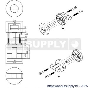 Intersteel 3175 WC-sluiting éénzijdig verdekt diameter 55x8 mm met stift 8x8mm knop op schroefgat rozet PVD messing mat - S26011390 - afbeelding 2