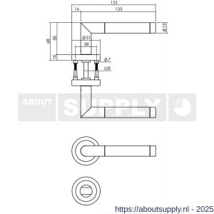 Intersteel 1710 deurkruk Jura met rozet verdekt ATP diameter 51x10 mm met nokken en WC-sluiting met stift 8x8 mm chroom-nikkel mat - S26008011 - afbeelding 2