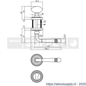 Intersteel 1725 knop-kruk garnituur rechts Helena op rozet verdekt met rillen diameter 55x10 mm met nokken en cilinderrozetten chroom-nikkel mat - S26008117 - afbeelding 1