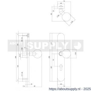 Intersteel 0661 knopschild ovaal verdekt XL rechts 278x40x10 mm met nokken en vaste knop bol-schuin profielcilindergat 72 mm RVS - S26005301 - afbeelding 2