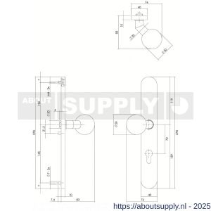 Intersteel 0661 knopschild ovaal verdekt XL links 278x40x10 mm met nokken en vaste knop bol-schuin profielcilindergat 72 mm RVS - S26005302 - afbeelding 2