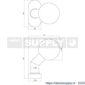 Intersteel 0779 knop 077902 bol-schuin brand vertragend vast op rozet ovaal 65x30x10 mm tapgat M6 RVS - S26000973 - afbeelding 2