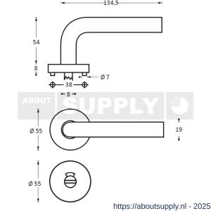 Intersteel 1011 deurkruk Rond op rozet verdekt diameter 55x8 mm met nokken en WC-sluiting met stift 8x8 mm RVS - S26005479 - afbeelding 2