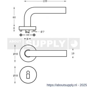 Intersteel 1014 deurkruk Half rond-90 graden op rozet verdekt diameter 55x8 mm met nokken en sleutelrozetten RVS - S26005500 - afbeelding 2