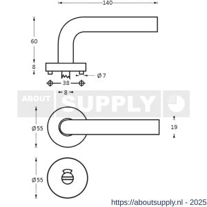 Intersteel 1014 deurkruk Half rond-90 graden op rozet verdekt diameter 55x8 mm met nokken en WC-sluiting met stift 8x8 mm RVS - S26005502 - afbeelding 2