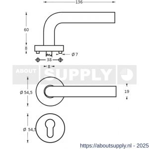 Intersteel 1016 deurkruk Lisa-90 graden op rozet verdekt diameter 55x8 mm met nokken en sleutelrozetten RVS - S26005507 - afbeelding 2