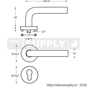 Intersteel 1016 deurkruk Lisa-90 graden op rozet verdekt diameter 55x8 mm met nokken en cilinderrozetten RVS - S26005508 - afbeelding 2