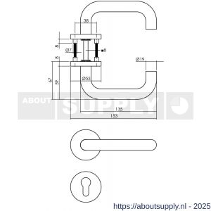 Intersteel 1315 deurkruk Rond op rozet verdekt diameter 55x8 mm met nokken en cilinderrozetten RVS - S26008517 - afbeelding 2