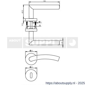 Intersteel 1954 deurkruk Lisa-90 graden met rozet verdekt ATP diameter 51x10 mm met nokken en sleutelrozetten RVS - S26005820 - afbeelding 2