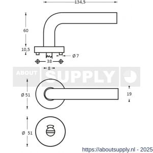 Intersteel 1954 deurkruk Lisa-90 graden met rozet verdekt ATP diameter 51x10 mm met nokken en WC-sluiting met stift 8x8 mm RVS - S26005825 - afbeelding 2