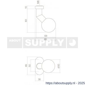 Intersteel 2165 knop bol-schuin vast op rozet ovaal 4 mm RVS - S26001001 - afbeelding 2