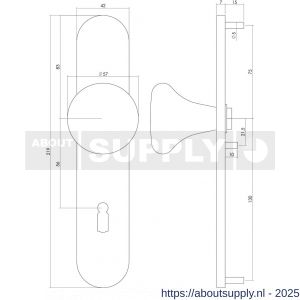 Intersteel 2697 knopschild ovaal verdekt 220x42x8 mm met nokken en vaste knop Paddenstoel sleutelgat 56 mm RVS - S26003300 - afbeelding 2
