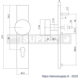 Intersteel Living 2754 knopschild rechthoekig verdekt 219x41x8 mm met nokken en vaste knop plat profielcilindergat 55 mm EN 1906/4 RVS - S26005867 - afbeelding 2