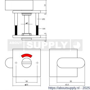 Intersteel Essentials 3432 WC-sluiting verdekt 50x50x5 mm met comfortknop en stift 8x8 mm RVS - S26005918 - afbeelding 2