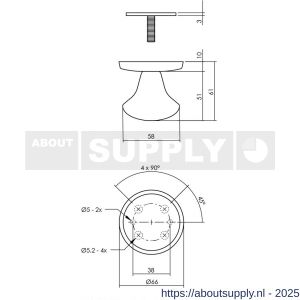 Intersteel Essentials 3930 voordeurknop Paddenstoel diameter 58 mm op achterplaat diameter 66 mm éénzijdige montage RVS - S26006035 - afbeelding 2