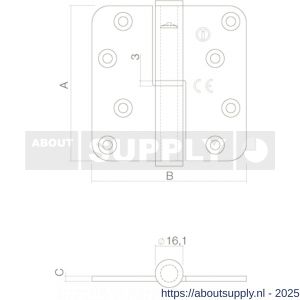 Intersteel Essentials 4626 kogelstift paumelle DIN links afgerond 3,5x3,5 inch 89x89x3 mm RVS CE zonder schroeven - S26000048 - afbeelding 2