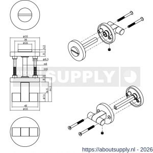 Intersteel 3175 WC-sluiting éénzijdig verdekt diameter 55x8 mm met stift 8x8 mm knop op schroefgat rozet PVD koper mat - S26011398 - afbeelding 2