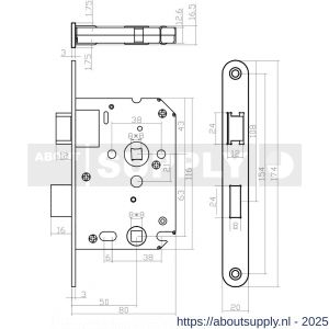 Intersteel Essentials 9542 woningbouw badkamer-toilet slot 63/8 mm voorplaat afgerond RVS 20x174 mm doorn 50 mm met sluitplaat - S26007083 - afbeelding 2