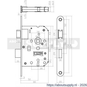 Intersteel Living 9547 woningbouw klavier dag- en nachtslot 55 mm voorplaat afgerond zwart gelakt 20x174 mm doorn 50 mm met sluitplaat en 2 sleutels - S26008917 - afbeelding 2