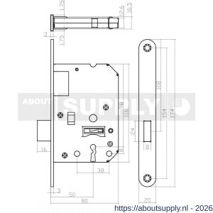 Intersteel Living 9548 woningbouw klavier kastslot 55 mm voorplaat afgerond zwart gelakt 20x175 doorn 50 mm met sluitplaat en 2 sleutels - S26008920 - afbeelding 2