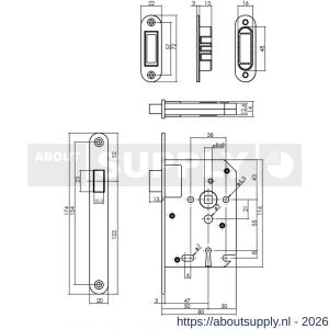 Intersteel 9571 woningbouw magneet klavier dag- en nachtslot 55 mm voorplaat afgerond RVS 20x174 mm doorn 50 mm met sluitplaat-kom en 2 sleutels industrieverpakking - S26008932 - afbeelding 2
