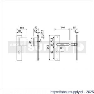 Ami VHB 251/50-90/80 veiligheidsvoordeur-duwerlangschildgarnituur SKG*** VHB 251/50 profielcilinder PC 72 deurduwer 90/80 rechts F1 profielcilinder PC 72 en deurkruk 356 deurdikte 53-57 mm - S10900982 - afbeelding 4