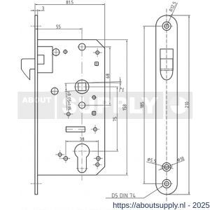 S&B 105630.4 dag en nacht cilinder schuifduerslot 105630.4 PZ 55 mm PC75 voorplaat 210x25 mm U messing mat chroom - S40615053 - afbeelding 2