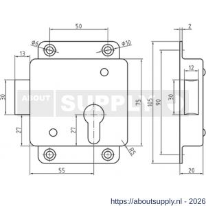 S&B 114502.9 cilinder kastslot PZ 55 mm 80x75 mm DIN links buiten messing mat chroom - S40615078 - afbeelding 2