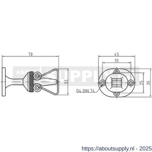 S&B 253101.9 deurvastzetter L=70 mm D=45x35 mm met rubber aanslag messing mat chroom - S40615134 - afbeelding 2