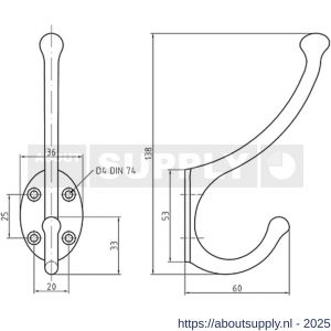 S&B 590100.4 hoed en jas kapstokhaak enkel 1 armig 110 mm messing gepolijst - S40615166 - afbeelding 2