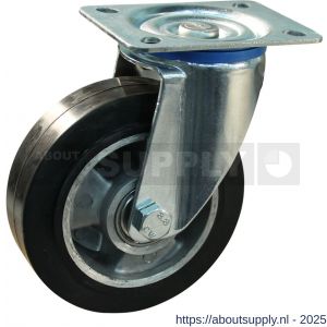 Protempo serie 10-12 zwenk transportwiel plaatbevestiging stalen gaffel wiel aluminium velg zwarte elastische rubberen band ± 68 shore A 100 mm kogellager - S20913546 - afbeelding 1