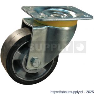 Protempo serie 10-16 zwenk transportwiel plaatbevestiging stalen gaffel wiel aluminium velg zwarte elastische rubberen band ± 68 shore A 160 mm kogellager - S20913578 - afbeelding 1