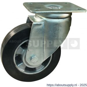 Protempo serie 10-19 zwenk transportwiel plaatbevestiging stalen gaffel wiel aluminium velg zwarte elastische rubberen band ± 68 shore A 160 mm kogellager - S20913563 - afbeelding 1