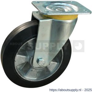 Protempo serie 10-16 zwenk transportwiel plaatbevestiging stalen gaffel wiel aluminium velg zwarte elastische rubberen band ± 68 shore A 200 mm kogellager - S20913579 - afbeelding 1