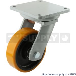 Protempo serie 28-20 zwenk transportwiel plaatbevestiging stalen gaffel gietijzeren velg PU band ± 94 shore A 200 mm kogellager - S20912657 - afbeelding 1