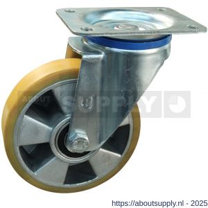 Protempo serie 29-12 zwenk transportwiel plaatbevestiging stalen gaffel aluminium velg PU band ± 94 shore A 125 mm kogellager - S20912673 - afbeelding 1