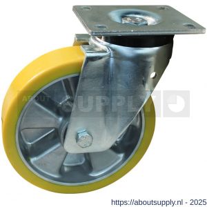 Protempo serie 29-19 zwenk transportwiel plaatbevestiging stalen gaffel aluminium velg PU band ± 94 shore A 200 mm kogellager - S20912698 - afbeelding 1